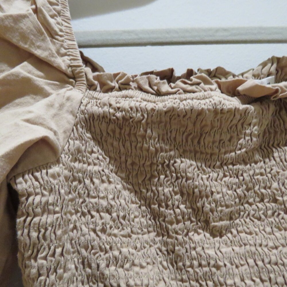 MOD REF Smocked Prairie Dress in Tan Beige Minimalist Trad Wife Cottagecore - Picture 5 of 12